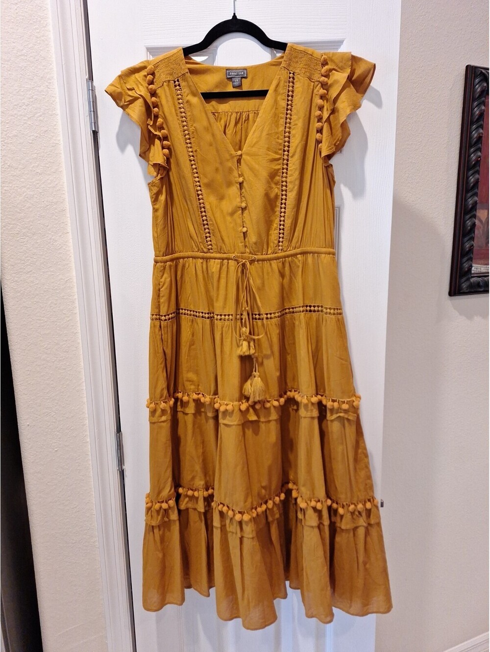JCREW Point Sur - Mustard Orange/Yellow Cotton Midi Tiered Cap Sleeve Dress - 12